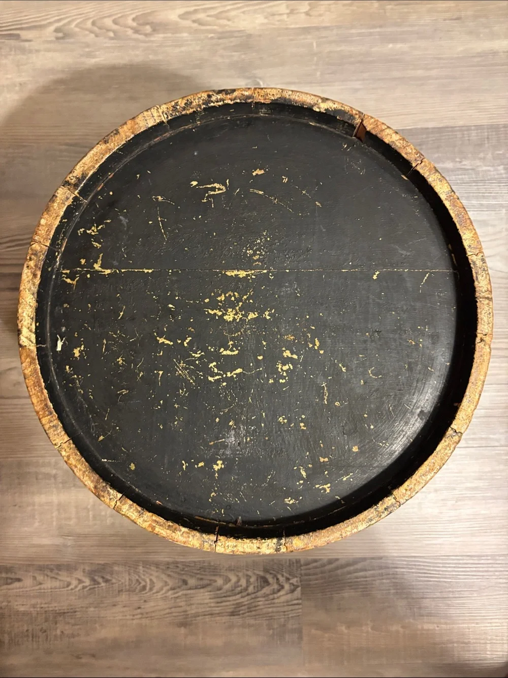 Vintage wood Firkin bucket, chippy black paint, w/ folk art design,11.25” tall